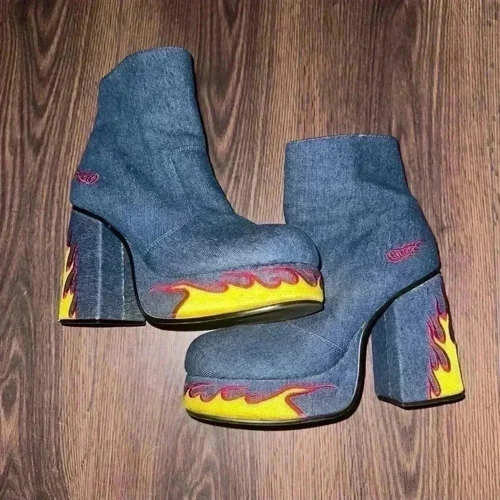 Unif Rare Flame Denim Chunky Platform Block/Ankle… - image 2